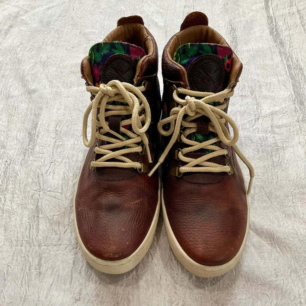 Inkkas Brown Leather Floral Cat Print High Top Sneakers Boots Womens 10 Mens 8